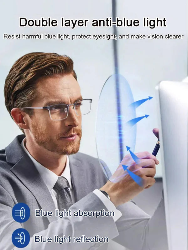 👓✨Ultra-Lightweight Titanium Semi-Rimless Automatic Focus Reading Glasses—Effectively blocks blue light to protect your eye health.