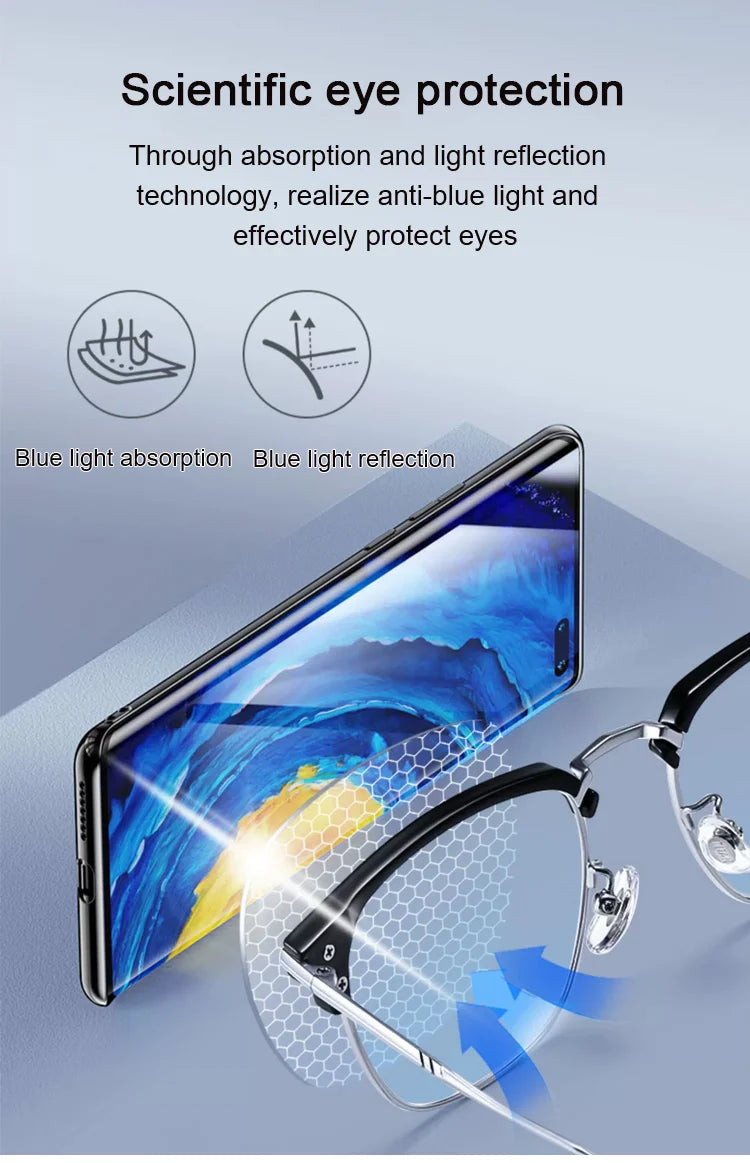 👓✨Ultra-Lightweight Titanium Semi-Rimless Automatic Focus Reading Glasses—Effectively blocks blue light to protect your eye health.